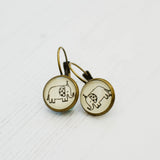 Cabochon Dangly & Stud Earrings / Natural Graphic Elephant / Black And White