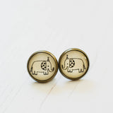 Cabochon Dangly & Stud Earrings / Natural Graphic Elephant / Black And White