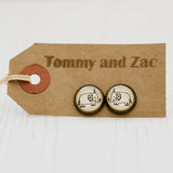 Cabochon Dangly & Stud Earrings / Natural Graphic Elephant / Black And White