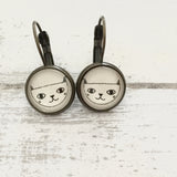 Cabochon Dangly & Stud Earrings / Natural Graphic Cat Face / Black And White