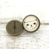 Cabochon Dangly & Stud Earrings / Natural Graphic Cat Face / Black And White