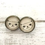 Cabochon Dangly & Stud Earrings / Natural Graphic Cat Face / Black And White