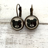 Cabochon Dangly & Stud Earrings / Natural Graphic A Bear Face / Black And White
