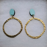 Stud earrings with brass hoop - duck egg blue