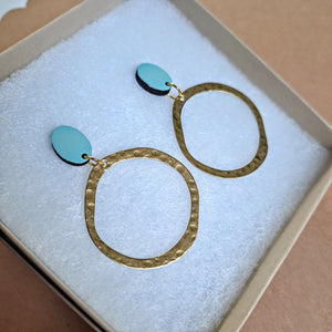 Stud earrings with brass hoop - duck egg blue