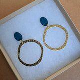 Stud earrings with brass hoop - teal