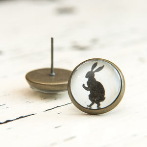 Cabochon Dangly & Stud Earrings / Natural Graphic Dancing Bunny / Black And White