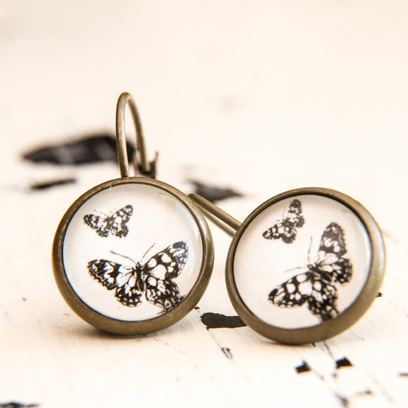 Cabochon Dangly & Stud Earrings / Natural Graphic Butterflies / Black And White