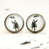 Cabochon Dangly & Stud Earrings / Natural Graphic French Man With An Umbrella / Black And White