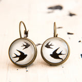 Cabochon Dangly & Stud Earrings / Natural Graphic 2 Swallows / Black & White