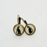 Cabochon Dangly & Stud Earrings / Natural Graphic Black Cat / Black And White