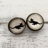 Cabochon Dangly & Stud Earrings / Natural Graphic Black Walking Cat / Black And White