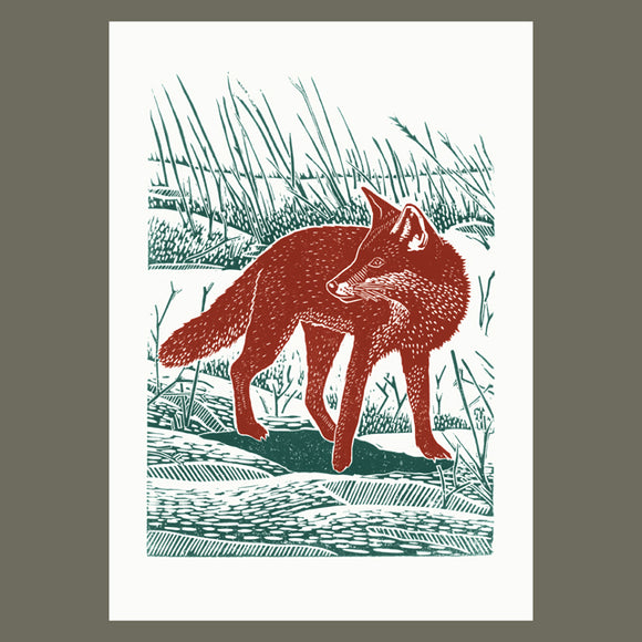 Fox In The Snow linocut poster-print