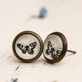 Cabochon Dangly & Stud Earrings / Natural Graphic Butterflies / Black And White