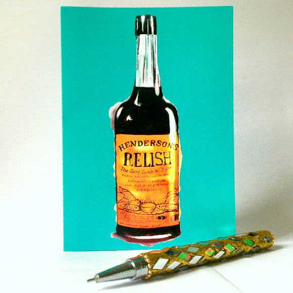 Henderson's Relish Card blue-green background
