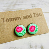 Cotton Fabric Earrings / Pink Rose Green