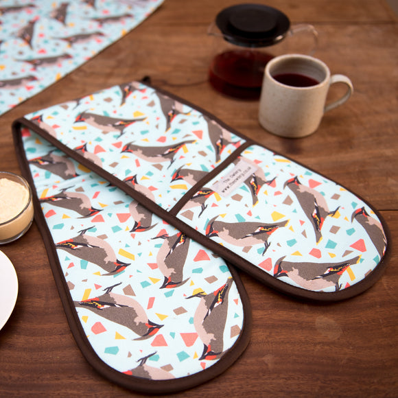 Waxwing Print Double Oven Gloves