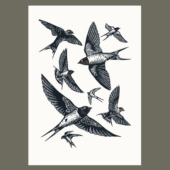 Swallows A3 linocut poster-print